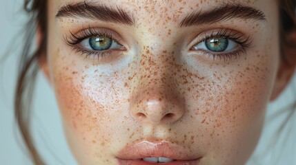 Close-up portrait of a young Caucasian woman with freckles and clear skin - obrazy, fototapety, plakaty