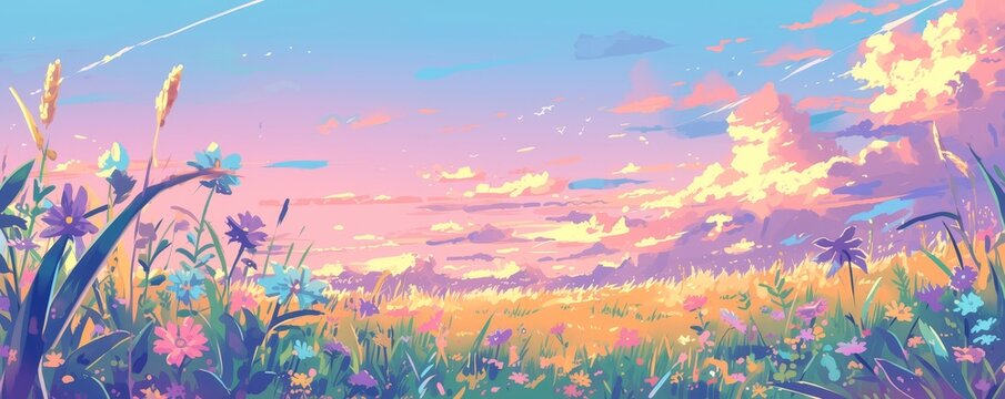 Beautiful anime-style illustration of a meadow of summer wildflowers at twilight