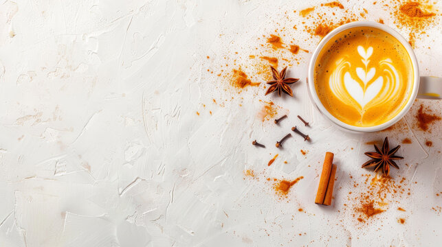 Top View Of A Hot Pumpkin Spice Latte Decorated With Latte Art