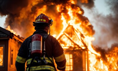 A firefighter gazes at a fierce residential fire, ready for action as flames consume the structure. The severity of the blaze is evident in the firefighter's focused stance and the engulfing flames.