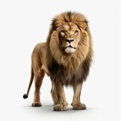 Obraz premium Majestic male lion standing isolated on white background, wildlife king concept.