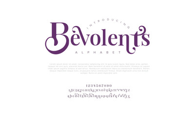 Bevolents premium luxury elegant alphabet letters and numbers. Elegant wedding typography classic serif font decorative vintage retro. Creative vector illustration