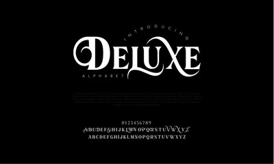 Deluxe premium luxury elegant alphabet letters and numbers. Elegant wedding typography classic serif font decorative vintage retro. Creative vector illustration