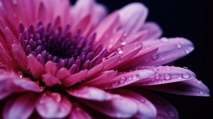 Close-up of a dew-covered pink daisy against a dark, moody background.