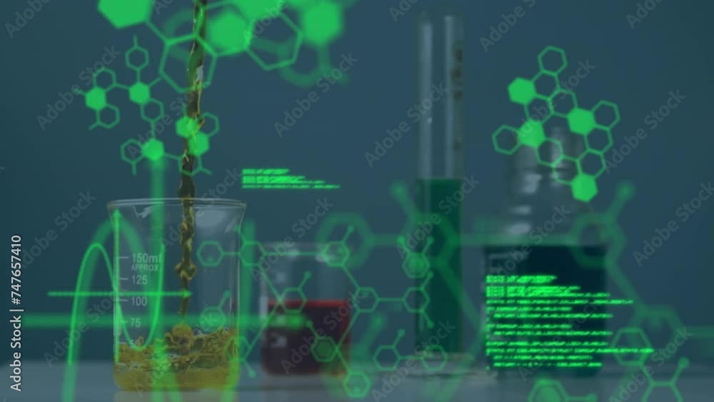 Poster animation of programming language and molecular structure over beakers with chemical in laboratory