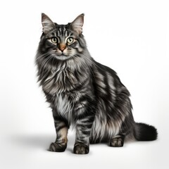 Majestic Maine Coon cat sitting against a white background, looking at the camera with piercing eyes.