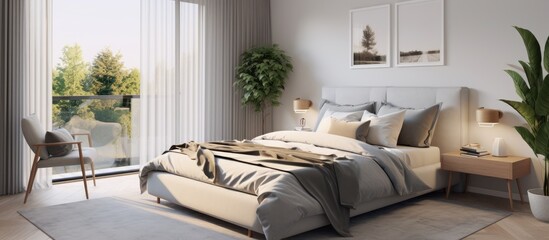 A sophisticated bedroom featuring a spacious double bed adorned with pillows and a soft bedspread. A potted plant stands elegantly in the corner, adding a touch of nature to the rooms design.