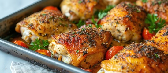 This close-up photo showcases a pan of deliciously crispy baked chicken thighs straight from the oven. - obrazy, fototapety, plakaty