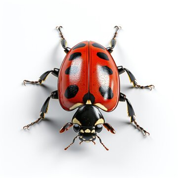 Close-up of a ladybug on a white background, detailed macro shot with focus on the insect's patterns and colors.