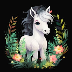 black background water color style cute baby white horse mascot the tropical forest . Generative Ai