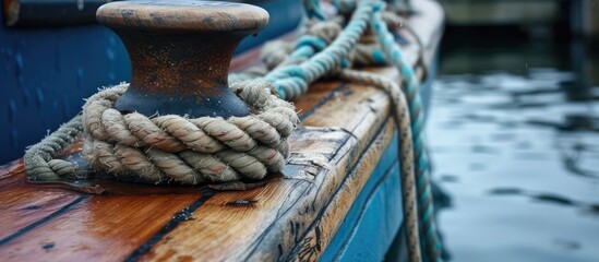 A detailed view of a rope on a boat, showing the intricate knots and texture.