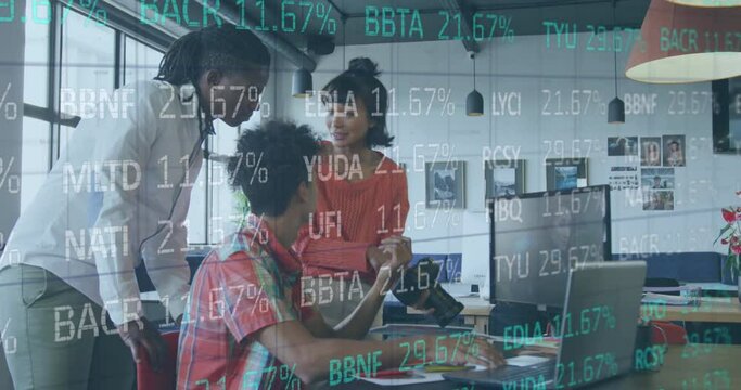 Animation of stock market over diverse colleagues discussing work in office