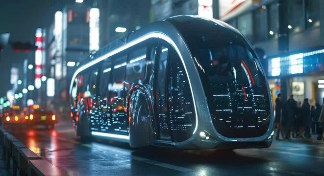 Futuristic bus with transparent OLED windows, traveling through a tech district