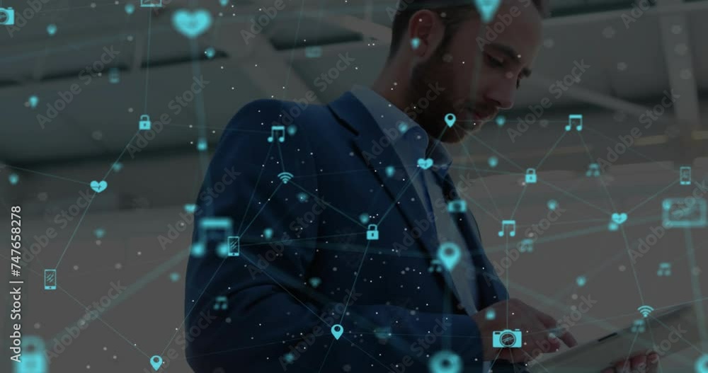 Poster animation of network of connections with icons over caucasian businessman using tablet