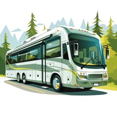 Luxurious motorhome amidst breathtaking scenery of trees and mountains, perfect for cherished family vacations or exciting adventures with friends.