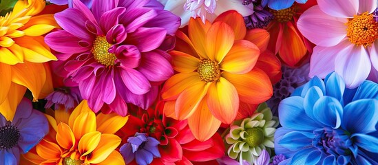 This photo captures a vibrant close up examination of colorful flowers in full bloom, displayed in all their dazzling glory.