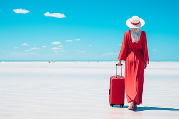 A woman in a red dress and a straw hat is walking on a white sand beach, pulling a red suitcase. The ocean and blue sky with white clouds are in the background.