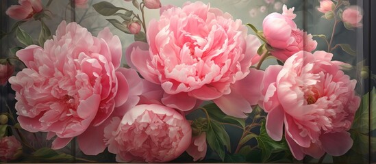 A collection of fresh pink peonies arranged neatly within a glass vase, set against a folding screen background. The vibrant blossoms stand out in their display,