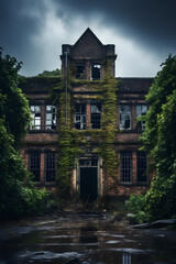 Fototapeta na wymiar Echoes of the Past: A Desolate Depiction of an Abandoned Building Overgrown with Vegetation