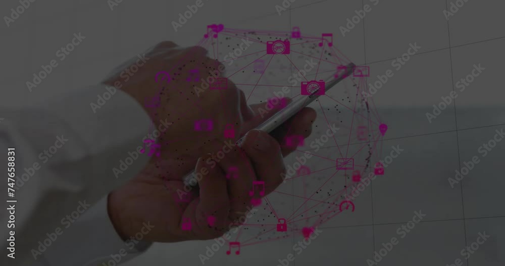 Poster animation of network of connections with icons over caucasian businessman using smartphone