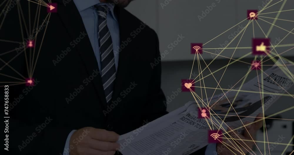 Poster Animation of network of connections with icons over caucasian businesswoman reading newspaper