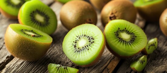 Fototapeta premium A vibrant kiwi fruit cut in half, showing its refreshing green flesh and black seeds, placed on top of a weathered wooden table.