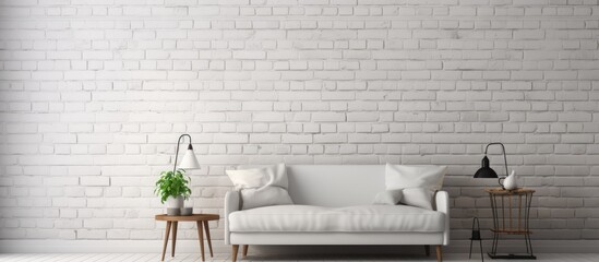A white couch is positioned in front of a white brick wall, creating a minimalist and clean interior design aesthetic. The simplicity of the white color scheme enhances the modern feel of the space.