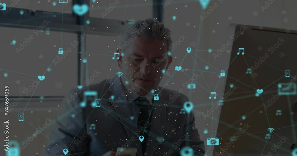 Poster animation of network of connections with icons over caucasian businessman using computer