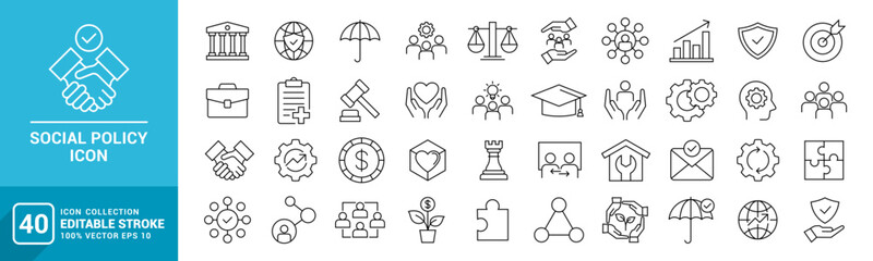 Collection of social policy icons, security, government, welfare, protection, family, vector template editable stroke EPS 10. - obrazy, fototapety, plakaty