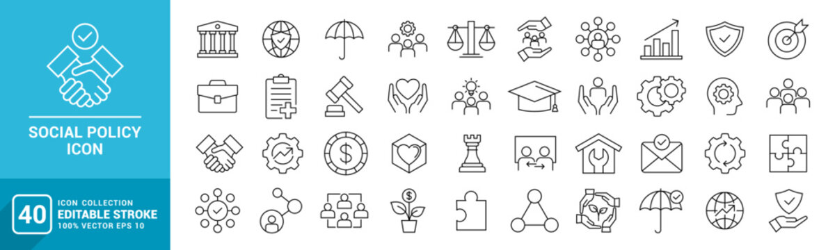 Collection of social policy icons, security, government, welfare, protection, family, vector template editable stroke EPS 10.
