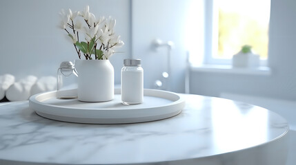 Fototapeta na wymiar Minimalist bathroom vanity with white flowers. Ideal for modern home decor, bathroom designs, and clean aesthetics.