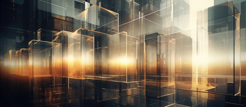 A series of glass cubes are depicted with a yellow light source in the middle, creating a mesmerizing and futuristic architectural scene. The light casts a warm glow across the transparent surfaces,