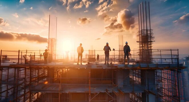 High-rise construction site at dawn, workers and machinery beginning the day