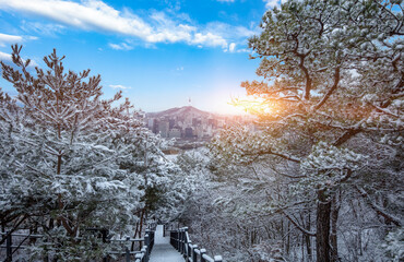 Seoul City in winter with snow and Seoul Tower South Korea