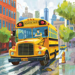 Happy yellow school bus on sunny city street children's storybook style illustration first day of school back to school concepts with positive emotion, colorful and friendly.