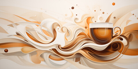 Abstraction on the theme of coffee, a white cup of coffee against a background of soft waves in brown tones