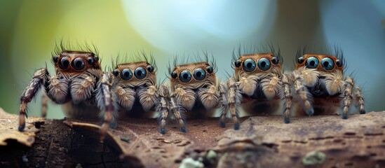A quartet of adorable jumping spiders with their captivating four-eyes charm sitting on top of a tree branch.