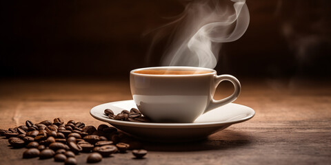 White cup of coffee on the table, coffee beans