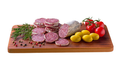 Spanish Fuet sausage salami with rosemary and olives on a wooden cutting board isolated.