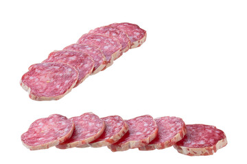 Slices of delicious spanish sausage fuet  isolated on a white background.