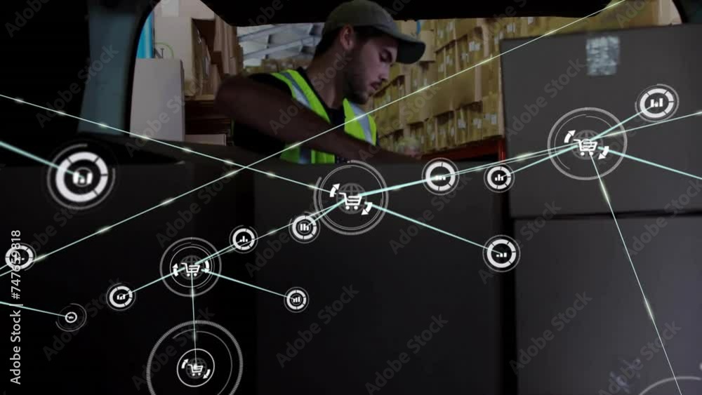 Poster animation of network of connections over smiling caucasian delivery man by van with boxes