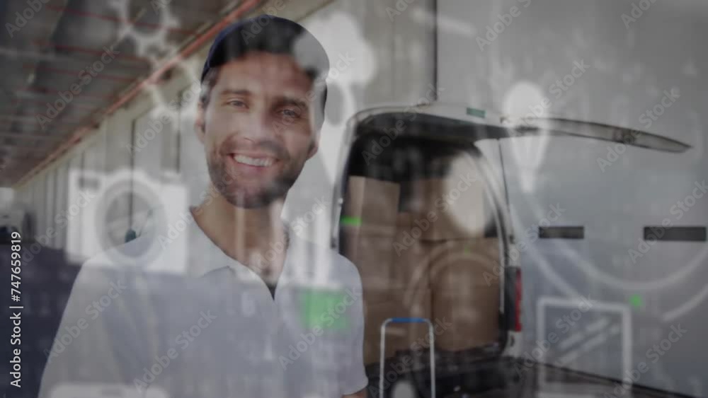 Aufkleber animation of network of connections over smiling caucasian delivery man by van with boxes