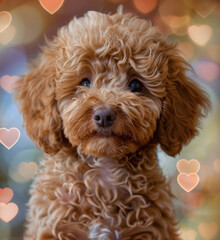 Toy poodle little puppy cute dog background with hearts for print. Generative AI.