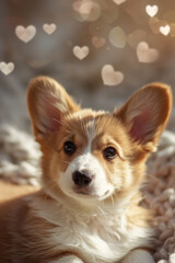 Corgi cute puppy dog background with hearts for print. Generative AI.	