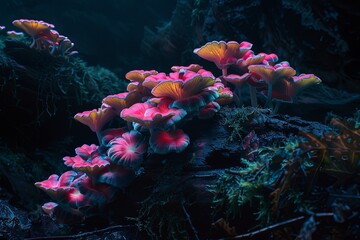 A detailed close-up of a cluster of mushrooms growing on a textured rock surface. Generative AI