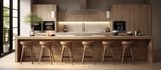 A modern kitchen with a large kitchen island, plenty of counter space, and multiple stools for seating. The minimalist design features wooden cabinetry and sleek finishes.