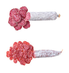 slices of Spanish Fuet thin dried salami sausage isolated 