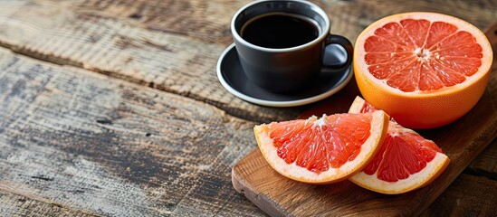 A wooden cutting board topped with slices of grapefruit, accompanied by a cup of black Americano coffee.