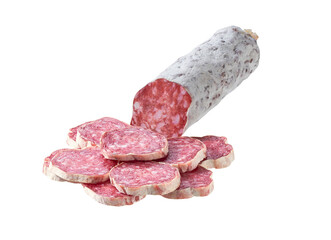 slices of Spanish Fuet thin dried salami sausage isolated
