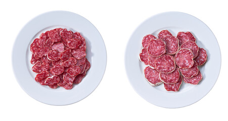 fuet sausage cut in slices on a white plate isolated 